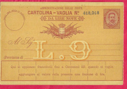 INTERO CARTOLINA-VAGLIA UMBERTO C.15 DA LIRE 9 (CAT. INT.13) - NUOVA - TIMBRO"PIEVE DI SORI" - Ganzsachen