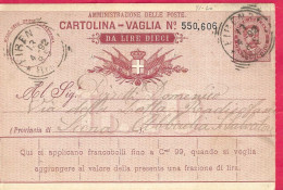 INTERO CARTOLINA-VAGLIA UMBERTO C.15 DA LIRE 10 (CAT. INT.7B) - DA FIRENZE*13.4.92* PER ABBADIA SAN SALVATORE - Stamped Stationery