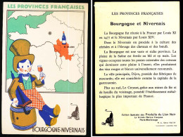 Carton 9 X 14 Les Provinces Françaises BOURGOGNE-NIVERNAIS Vin Tonneau Vigneron Parapluie Publicité Lion Noir - Costumes