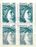 FRANCE N° 1966 15C VERT BLEU TYPE SABINE BLOC DE 4 OBL - Gebraucht