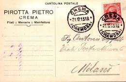 Regno D'Italia (1913) - Ditta Pirrotta Pietro - Cartolina Da Crema Per Milano - Poststempel