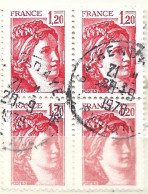 FRANCE N° 1974 1F20 ROUGE   TYPE SABINE BLOC DE 4 OBL - Usados