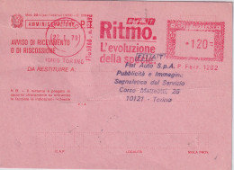 1979 Cartolina Avviso Di Ricevimento Con Affrancatura Meccanica Rossa EMA  FIAT RITMO L'evoluzione Della Specie - Poststempel