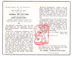 DP Maria De Letter ° Moerbeke Waas 1904 † Stekene 1960 X Rene Audenaert - Images Religieuses