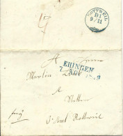 Württemberg 1849, Zustell-K1 ROTTWEIL Rücks. Auf Brief M. Blauem L2 EHINGEN - Precursores