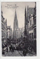 39063207 - Muenster Markt Mit Lambertikirche Nach Der Kirchzeit Gelaufen, Mit Marke Und Stempel Von 1913. Kleine Bescha - Münster