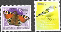 LIECHTENSTEIN, 2022, MNH, INSECTS,BIRDS, BUTTERFLIES, 2v, OVPERPRINTS , DEFINITIVES - Andere & Zonder Classificatie