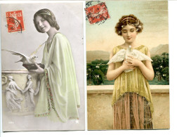 LOT 2 CPA Fantaisies Couleur Voyagé 1914 * Jolie Jeune Fille Femme à La Colombe * Très Bel état - Donne