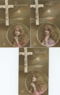 3 Cards Faith Hope And Charity Christ And Long Loose Hair Girl Prière Belle Femme Longs Cheveux - Femmes