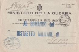 ITALIA.  CARTA. 4 4 42. MINISTERO DELLA GUERRA. REGIE POSTE ROMA PER LECCE - Portofreiheit