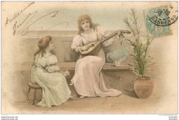 ILLUSTRATEUR  JEUNE FEMME SUR UN BANC AVEC INSTRUMENT 1905 - 1900-1949