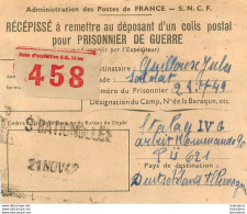 RECEPISSE D'UN COLIS POSTAL POUR PRISONNIER DE GUERRE STALAG IV G SNCF PARIS BATIGNOLLES 11/42 - Guerre De 1939-45