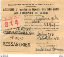 RECEPISSE D'UN COLIS POSTAL POUR PRISONNIER DE GUERRE STALAG IV G SNCF PARIS BATIGNOLLES 11/41 - WW II