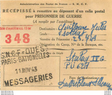 RECEPISSE D'UN COLIS POSTAL POUR PRISONNIER DE GUERRE STALAG IV G SNCF PARIS BATIGNOLLES 11/43 - WW II