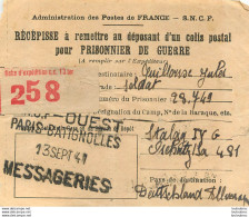 RECEPISSE D'UN COLIS POSTAL POUR PRISONNIER DE GUERRE STALAG IV G SNCF PARIS BATIGNOLLES 09/41 - WW II