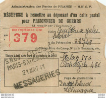 RECEPISSE D'UN COLIS POSTAL POUR PRISONNIER DE GUERRE STALAG IV G SNCF PARIS BATIGNOLLES 08/41 - WW II