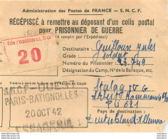 RECEPISSE D'UN COLIS POSTAL POUR PRISONNIER DE GUERRE STALAG IV G SNCF PARIS BATIGNOLLES 10/42 - WW II