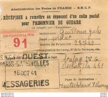 RECEPISSE D'UN COLIS POSTAL POUR PRISONNIER DE GUERRE STALAG IV G SNCF PARIS BATIGNOLLES 10/41 - 2. Weltkrieg 1939-1945