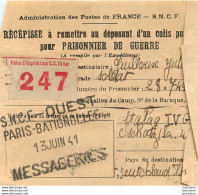 RECEPISSE D'UN COLIS POSTAL POUR PRISONNIER DE GUERRE STALAG IV G SNCF PARIS BATIGNOLLES 06/1941 - Guerra De 1939-45