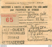 RECEPISSE D'UN COLIS POSTAL POUR PRISONNIER DE GUERRE STALAG IV G SNCF PARIS BATIGNOLLES 02/42 - 2. Weltkrieg 1939-1945