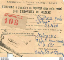 RECEPISSE D'UN COLIS POSTAL POUR PRISONNIER DE GUERRE STALAG IV G SNCF PARIS BATIGNOLLES 09/42 - 2. Weltkrieg 1939-1945