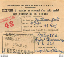 RECEPISSE D'UN COLIS POSTAL POUR PRISONNIER DE GUERRE STALAG IV G SNCF PARIS BATIGNOLLES 05/42 - Guerra Del 1939-45