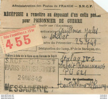 RECEPISSE D'UN COLIS POSTAL POUR PRISONNIER DE GUERRE STALAG IV G SNCF PARIS BATIGNOLLES 03/42 - Guerre De 1939-45