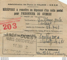 RECEPISSE D'UN COLIS POSTAL POUR PRISONNIER DE GUERRE STALAG IV G SNCF PARIS BATIGNOLLES 01/42 - 2. Weltkrieg 1939-1945