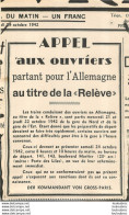 RESISTANCE  APPEL AUX OUVRIERS PARTANT POUR L'ALLEMAGNE AU TITRE DE LA RELEVE 1942 - 1939-45