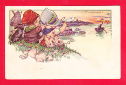 Illust-2110Ph112  CASTELLI, Des Enfants Qui Font Les Adieux à Un Pêcheur Sur Une Barque, Un Moulin, Chien, Cpa  - Castelli