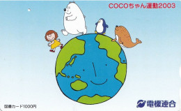 Japan Prepaid Libary Card 1000 - Drawing Girl Earth Polar Bear Penguin Seal - Japón