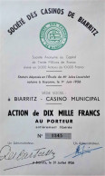 Société Des Casinos De Biarritz - Action De 10,000 Francs  - 1956 - Casino'