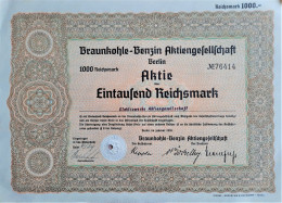 Braunkohle-Benzin A.G. Berlin - 1936 - Aktie üer 1000 RM - Autres & Non Classés