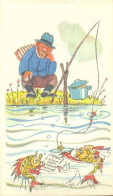 FANTAISIE ILLUSTRATEUR HUMOUR PECHE -  CP RUSSE  -  MENU - PECHEUR ENDORMI SIESTE - Pesca