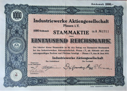 Industriewerke A.G. Plauen I.V. - Stammaktie über 1000 RM - Other & Unclassified