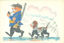 FANTAISIE ILLUSTRATEUR HUMOUR CHASSE -  CP RUSSE  -  CHASSEUR SOUS LA PLUIE CHIEN EQUIPE POUR LA PLUIE - Hunting