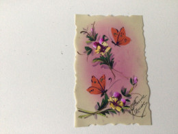 Carte Postale Ancienne Pensées Et Papillons  Avec Paillettes Sur Carte Transparente Bonne Année - Fiori