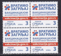 Serbia 2021 Vaccination Against Corona Health Disease Medicine Covid 19 Block Of 4 Stamp MNH - Maladies