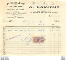 FACTURE 1936 A.   LAMICHE QUINCAILLERIE FERS FONTES METAUX  A VILLERS COTTERETS - 1900 – 1949