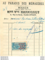 FACTURE 1923 AU PARADIS DES MENAGERES BAZAR MME VEUVE HANNIQUET A VILLERS COTTERETS - 1900 – 1949