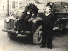 Two Russian Baltic Fleet Marines Sailors And Vintage Soviet Truck, Soviet Russia USSR 1960s Original Vintage Photo - War, Military