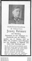 MEMENTO AVIS DE DECES SOLDAT ALLEMAND  FRANZ REIMER 21/10/1941 - Décès