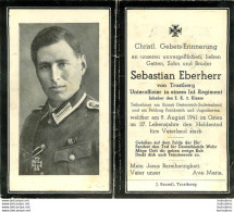 MEMENTO AVIS DE DECES SOLDAT ALLEMAND  SEBASTIAN EBERHERR 09/08/1941 - Décès