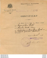 MEAUX SERVICE MILITAIRE 10/1918 CERTIFICAT ATTESTANT QUE LA PERSONNE EST EN VIE - 1914-18