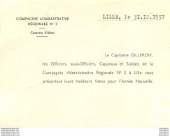 LILLE CASERNE KLEBER COMPAGNIE ADMINISTRATIVE REGIONALE N°2  VOEUX 1958 - Sonstige & Ohne Zuordnung