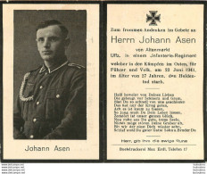 MEMENTO AVIS DE DECES SOLDAT ALLEMAND  HERRN JOHANN ASEN 22/06/1941 - Décès