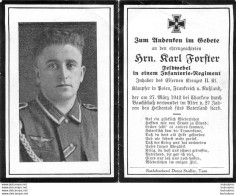 MEMENTO AVIS DE DECES SOLDAT ALLEMAND  HRN KARL FORSTER  27/03/1942 - Décès