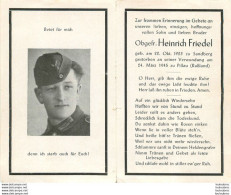 MEMENTO AVIS DE DECES SOLDAT ALLEMAND  HEINRICH FRIEDEL 24/03/1945 - Todesanzeige