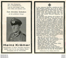 MEMENTO AVIS DE DECES SOLDAT ALLEMAND  HEINZ KRAMER A LA MEMOIRE - Todesanzeige