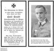 MEMENTO AVIS DE DECES SOLDAT ALLEMAND  EMIL SNADL  17/02/1942 - Décès